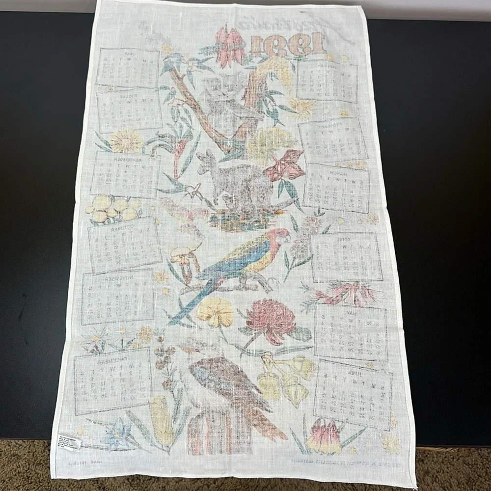 Australia 90s Kitchen Calendar Tea Towel Linen Blend Koala Kangaroo Parrot‎ 1991